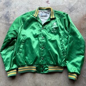 Vintage 80s St.  Patricks Day Leprechaun Bomber Satin Jacket Green